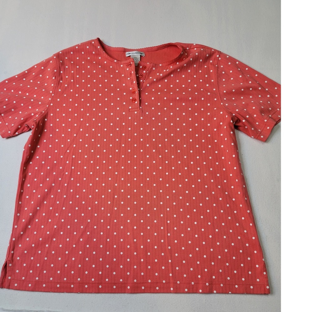Rebecca Malone Womens Red Polka Dot Ribbed Henley Short Sleeve Top Large
